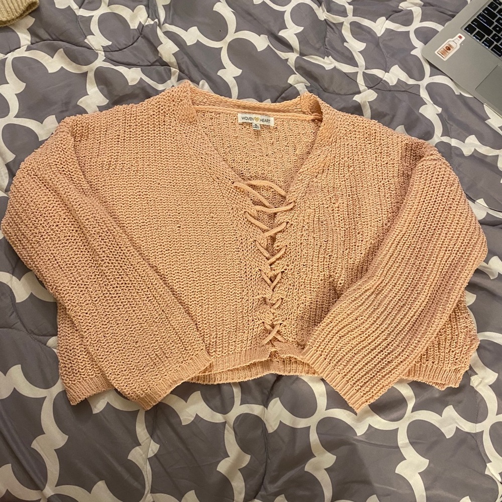 Woven Heart Lace-Up Front Pink Chenille Sweater - Picture 6 of 11